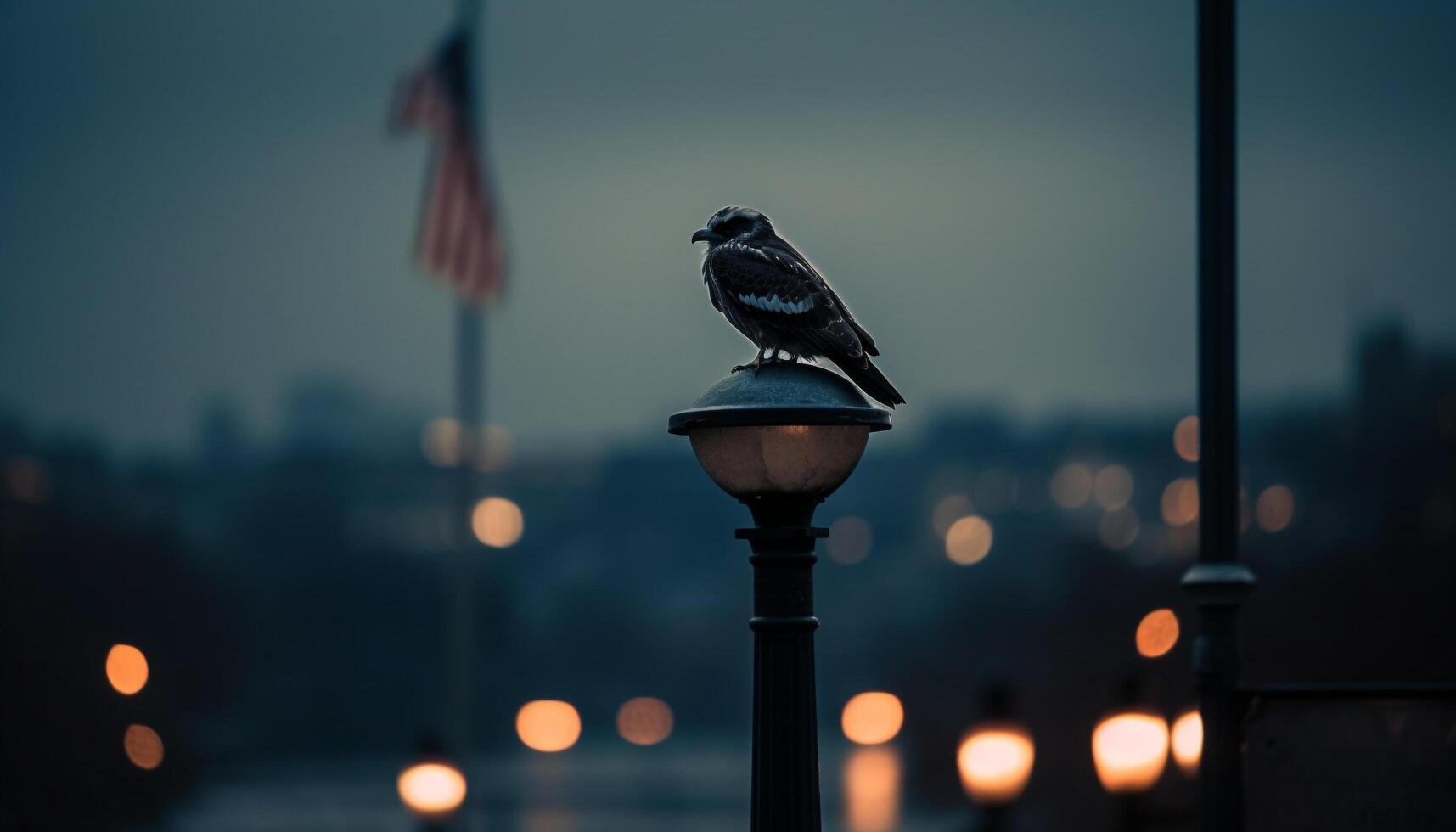 A seagull stands on a fence, back lit by sunset photo