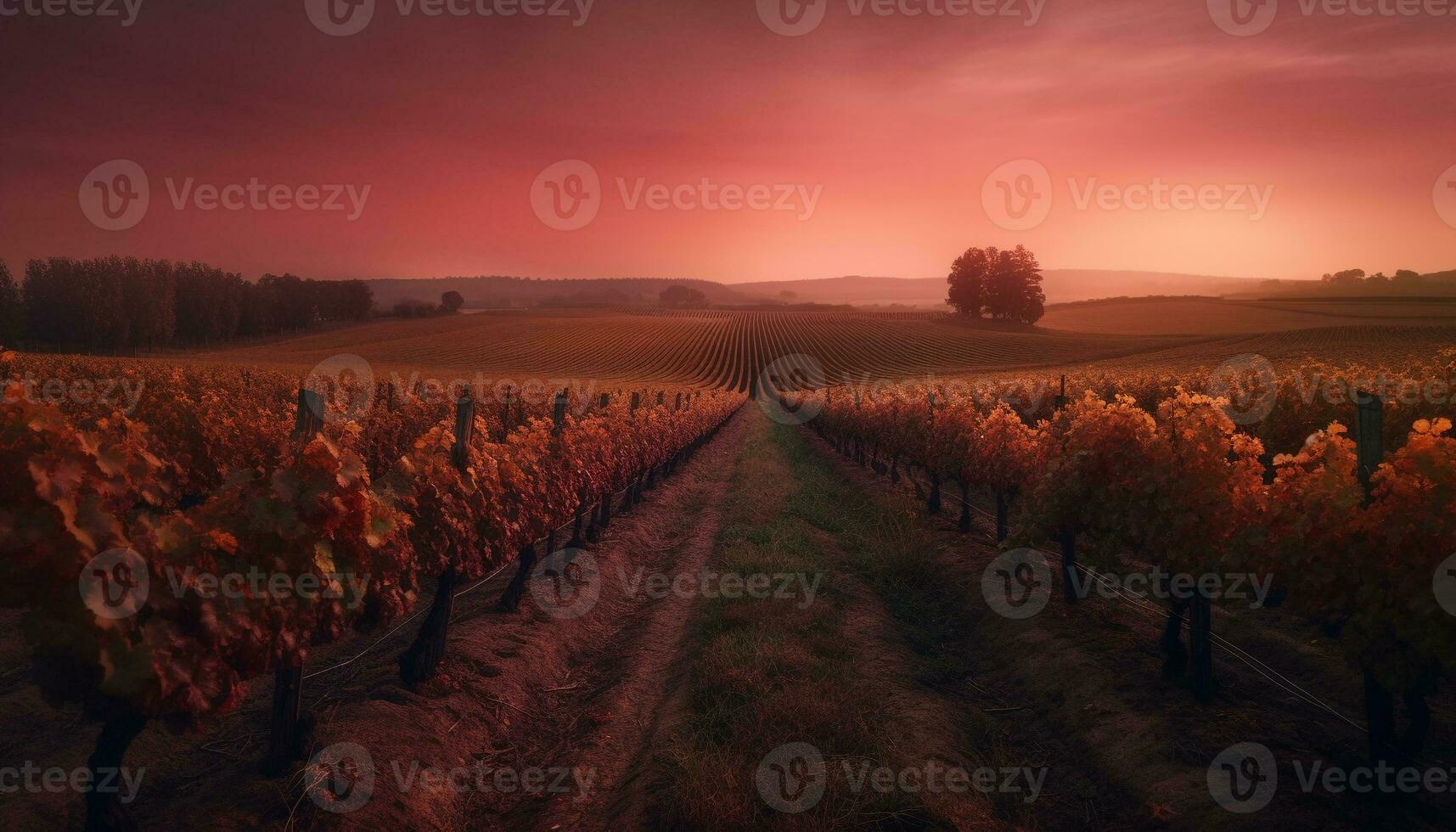 A tranquil sunset over a vineyard in the Chianti region generative AI photo
