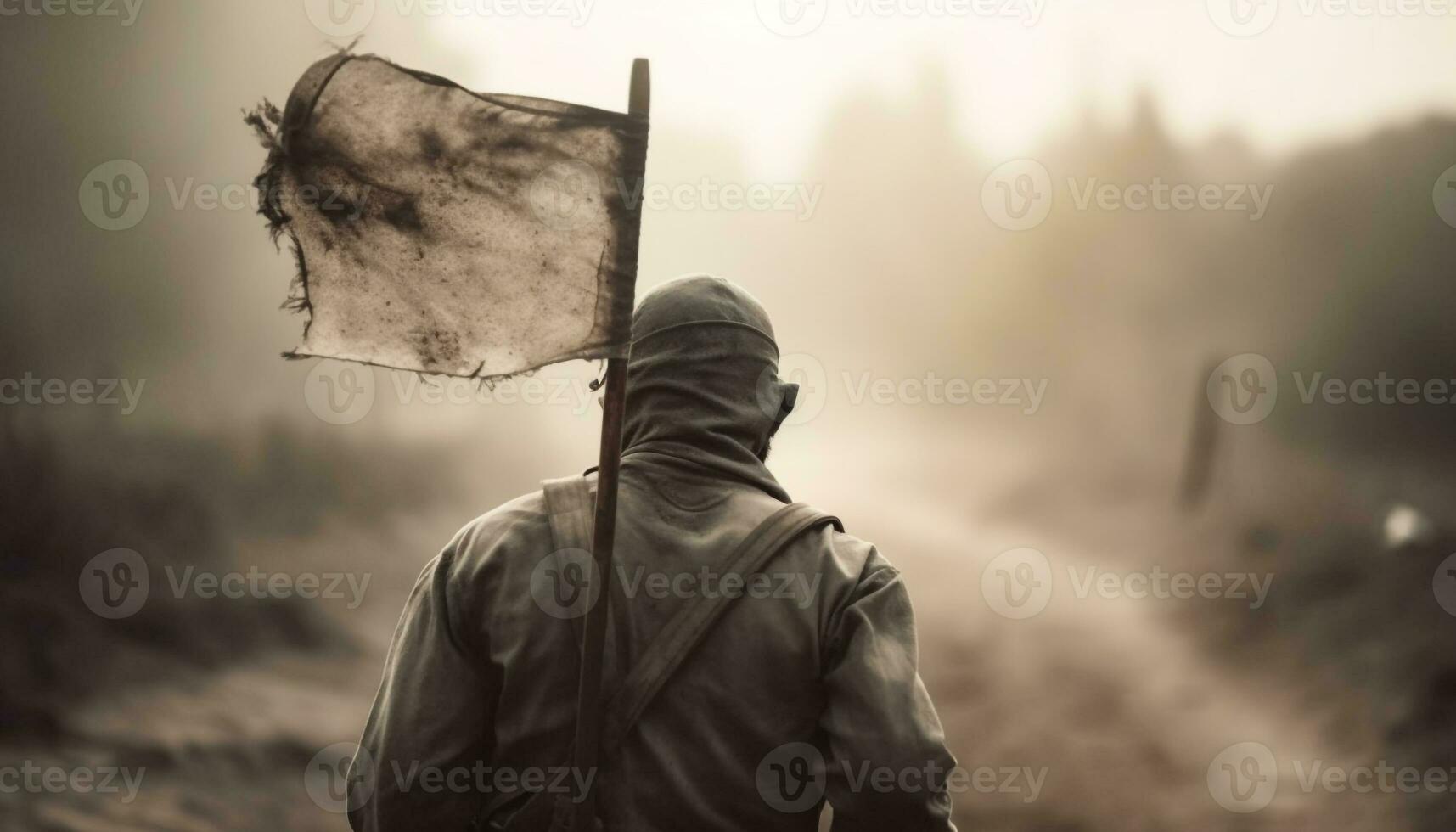 One man walking through foggy forest, holding weapon, alone generative AI photo