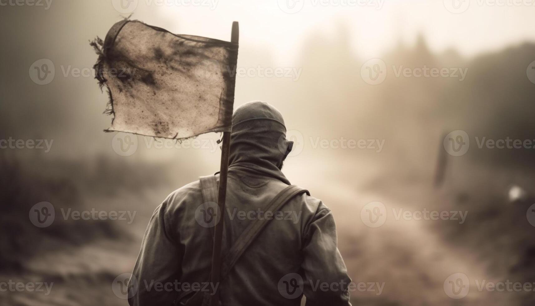One man walking through foggy forest, holding weapon, alone photo