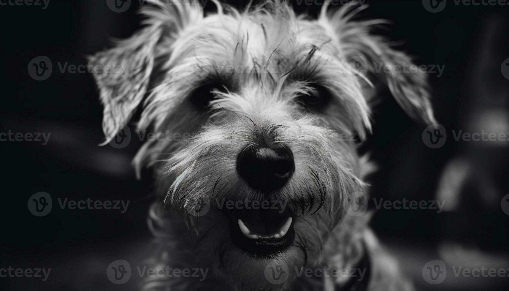 A playful schnauzer puppy with wet nose looks at camera generative AI photo