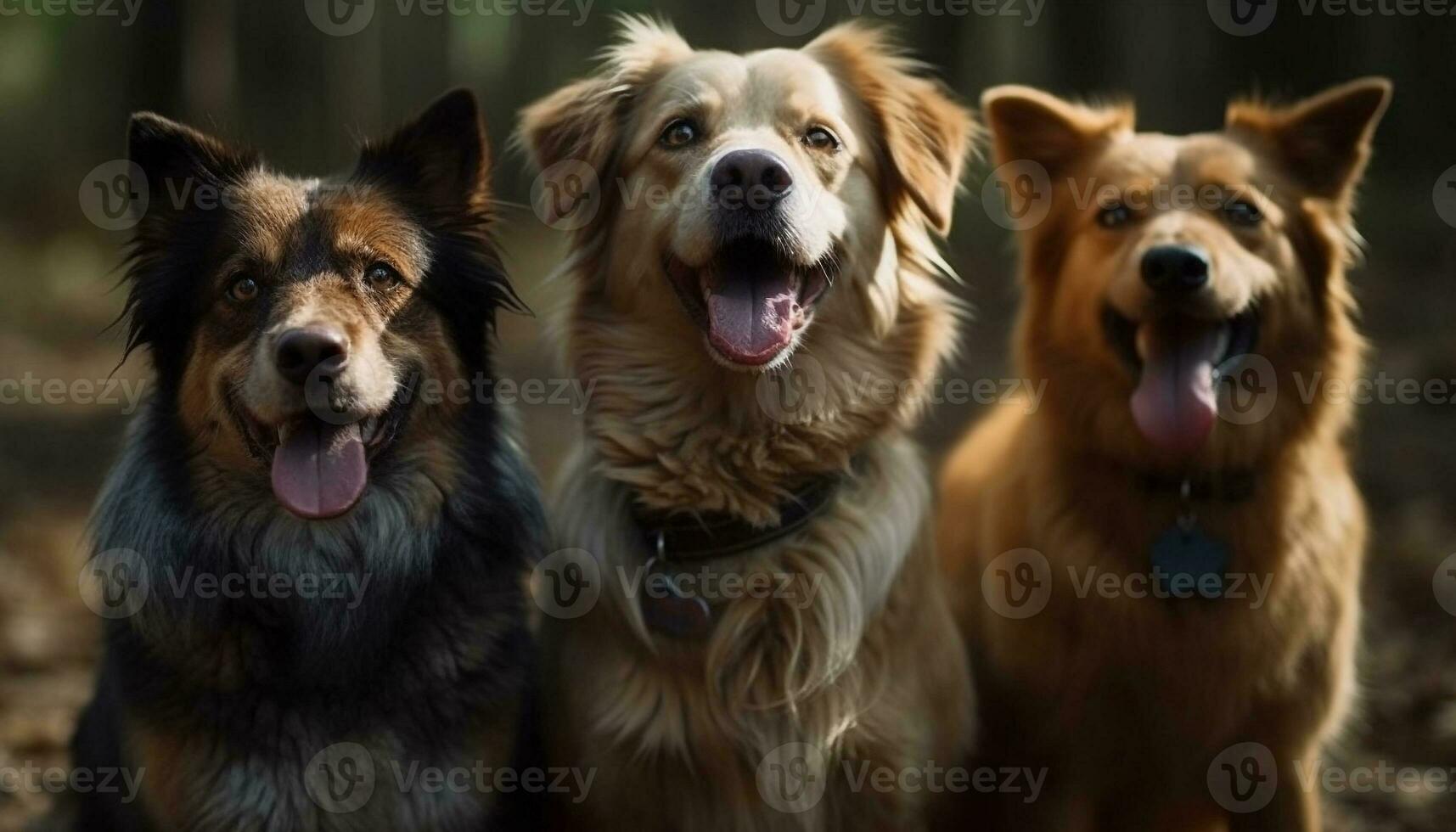 A row of loyal, cute purebred pets sitting outdoors smiling generative AI photo