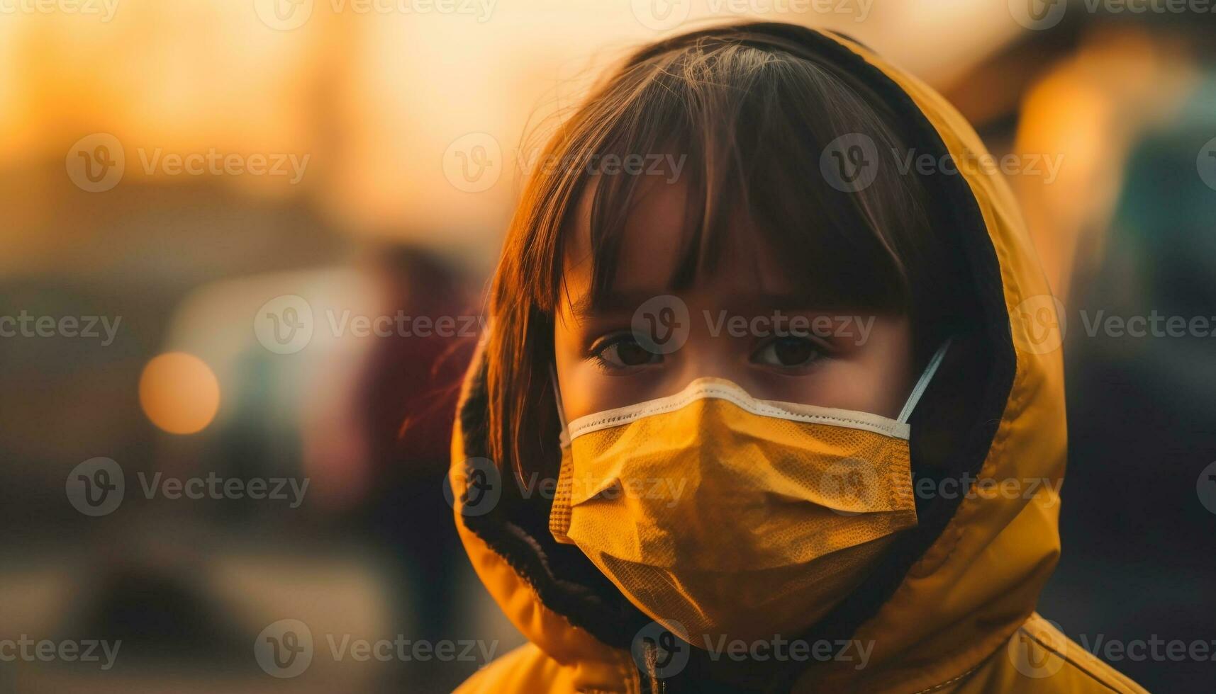 Cute children wearing protective masks smile in backlit nature scene generative AI photo