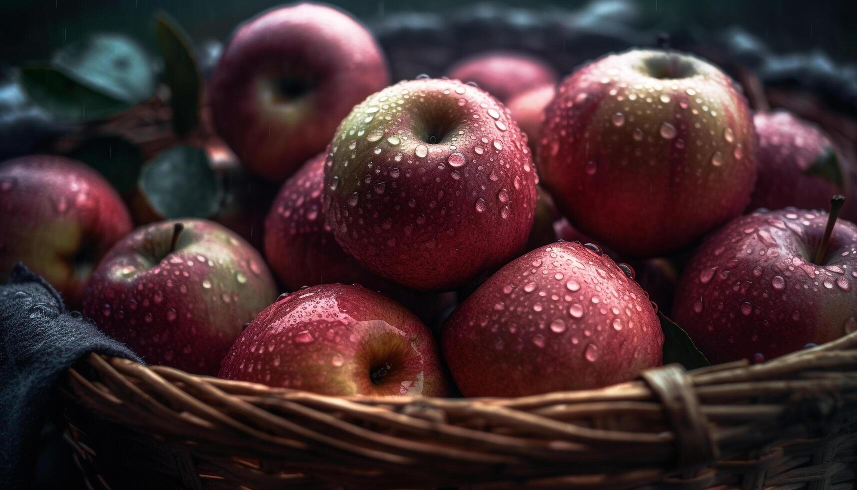 Juicy ripe apples in a rustic basket, a healthy snack generative AI photo