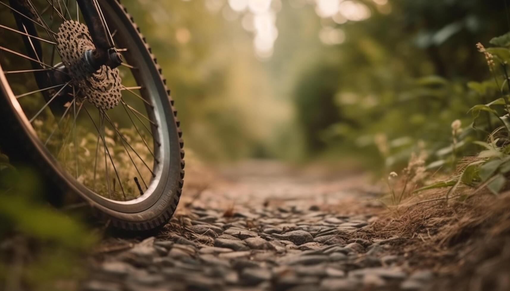 Mountain biker speeds through forest on dirt path, exercising outdoors generated by AI photo