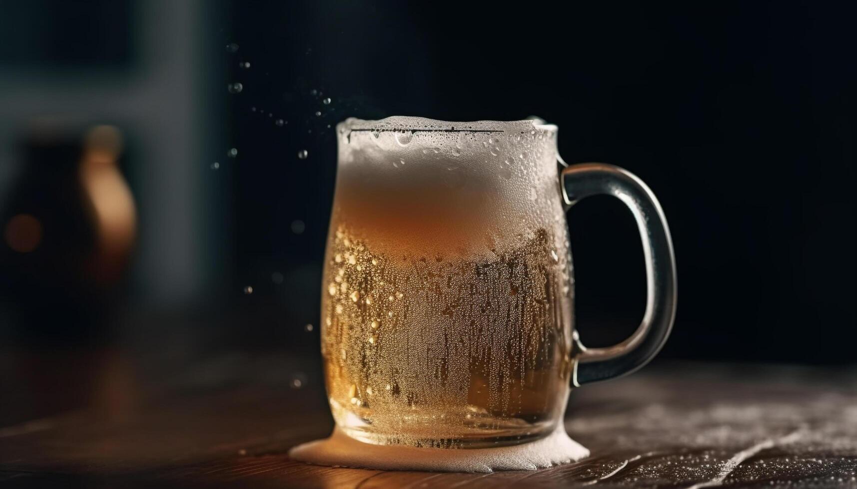 A frothy pint of beer on a wooden table, cheers generated by AI photo