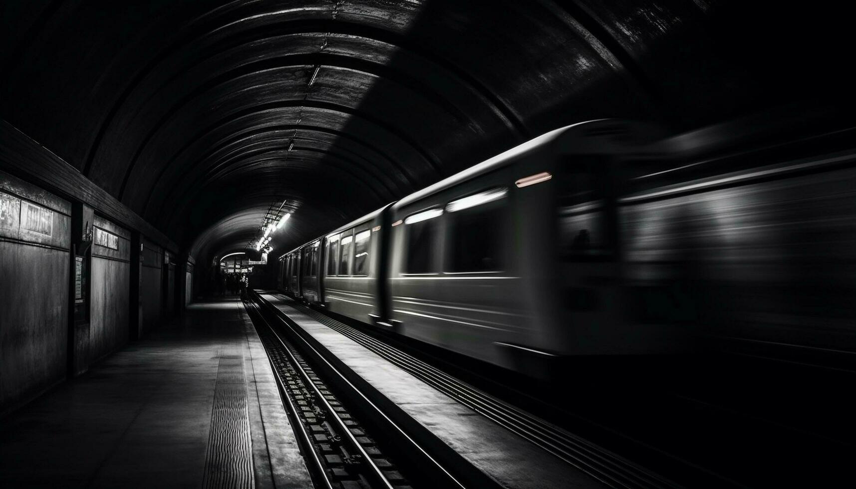 dentro el moderno subterraneo tren, dejando el oscuro túnel generado por ai foto