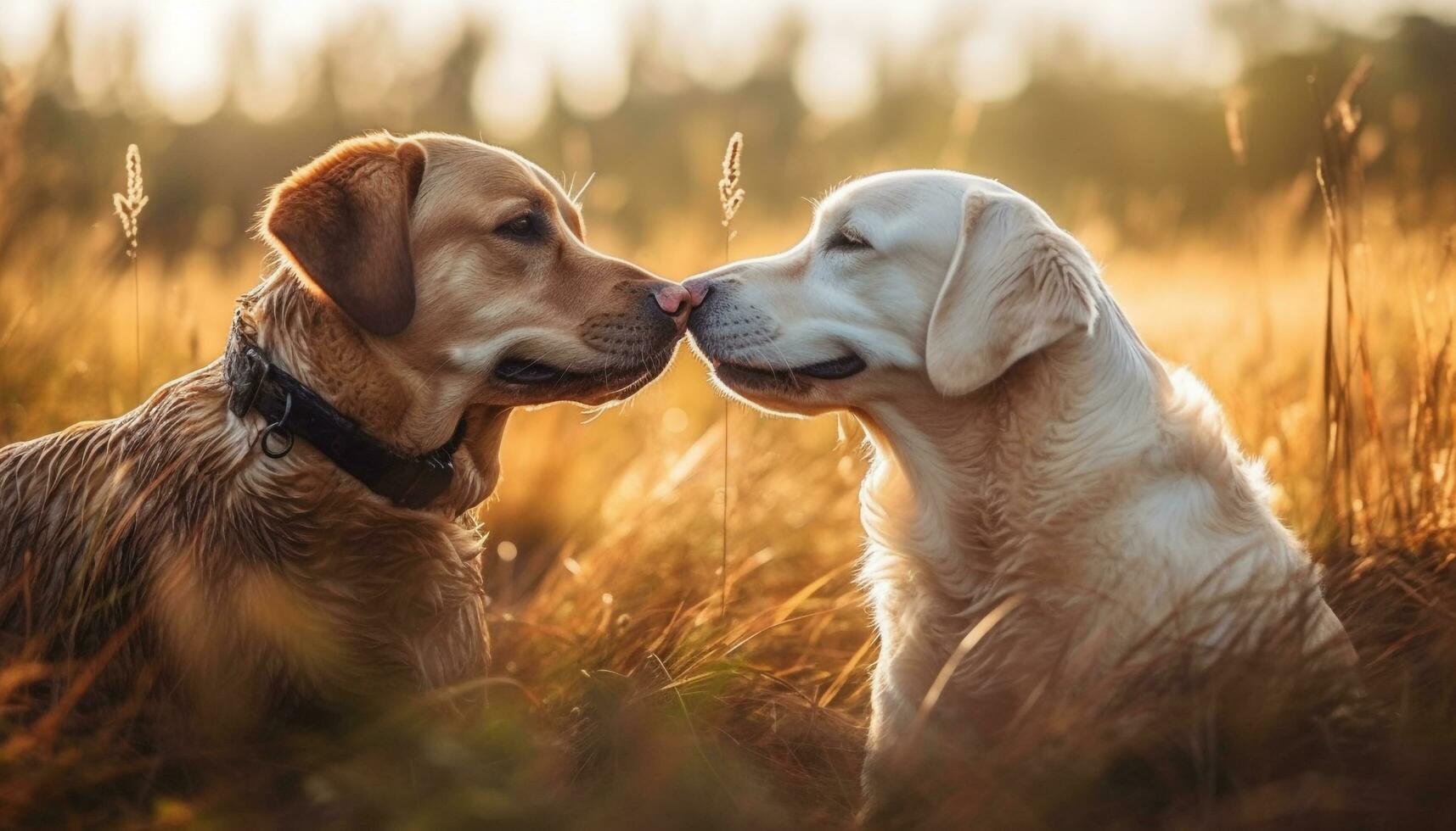 Smiling retrievers sitting together, enjoying the beauty of nature generated by AI photo