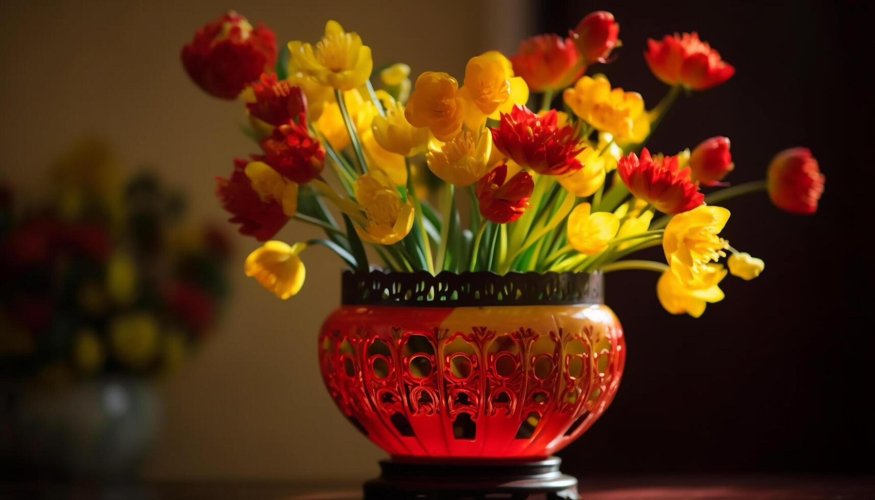 A fresh bouquet of multi colored tulips in a pottery jar generative AI photo