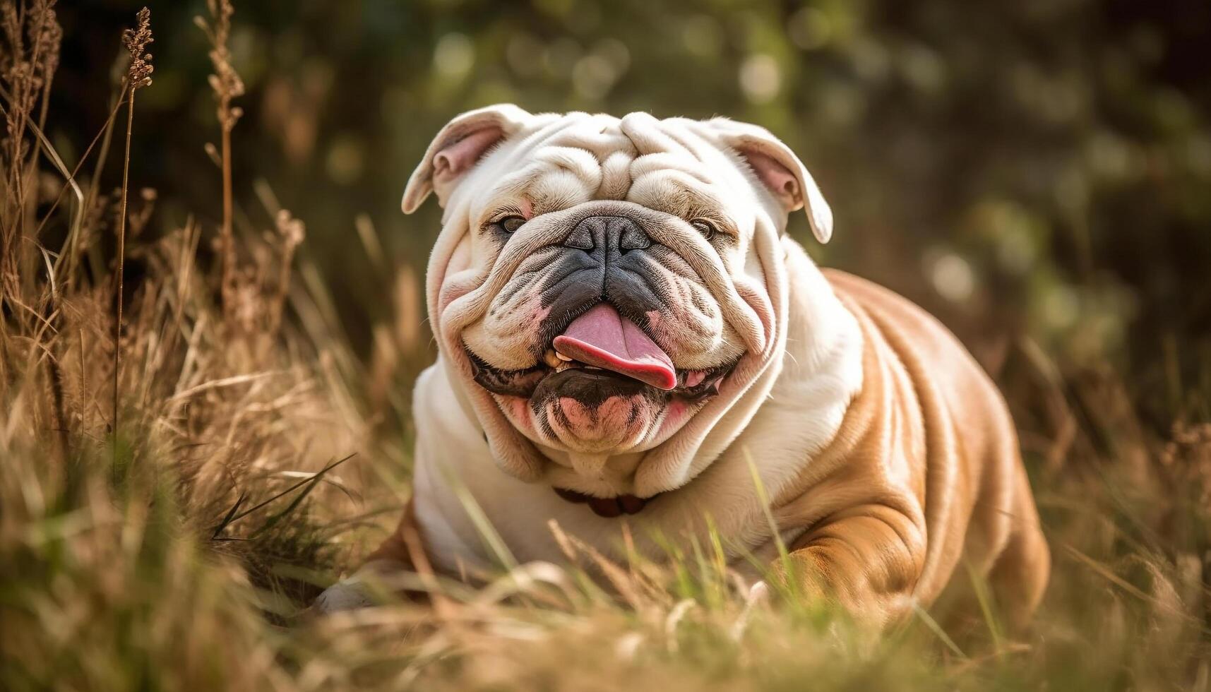 Cute bulldog puppy sitting in grass, playful and pampered generated by AI photo