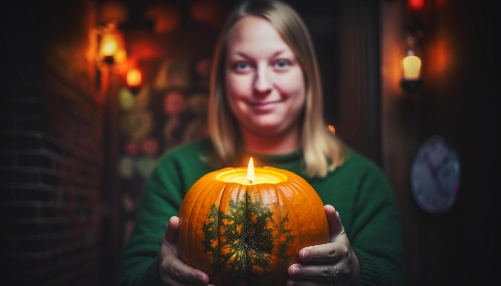 uno sonriente caucásico mujer participación calabaza linterna, celebrando Víspera de Todos los Santos noche generado por ai foto