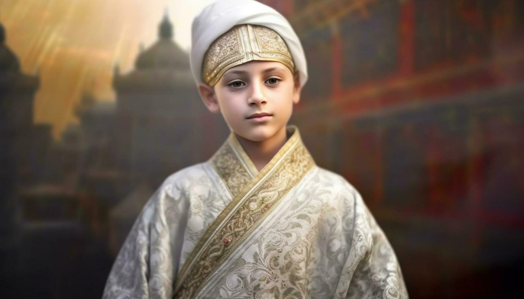 Smiling Caucasian boy in traditional costume standing outdoors with confidence generated by AI photo