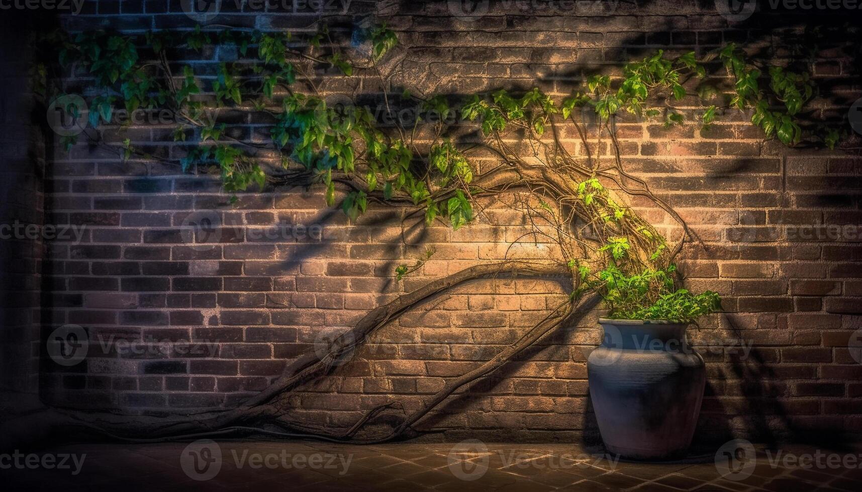 Old brick wall with nature growth, a vase of flowers generated by AI photo