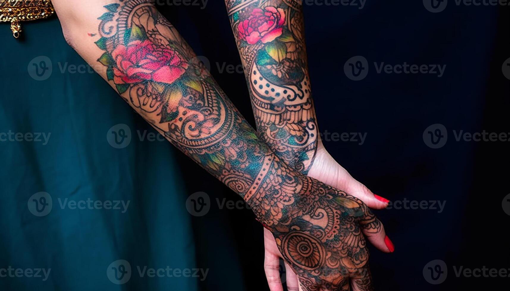 creativo elegancia uno mujer alheña tatuaje soportes fuera en negro generado por ai foto