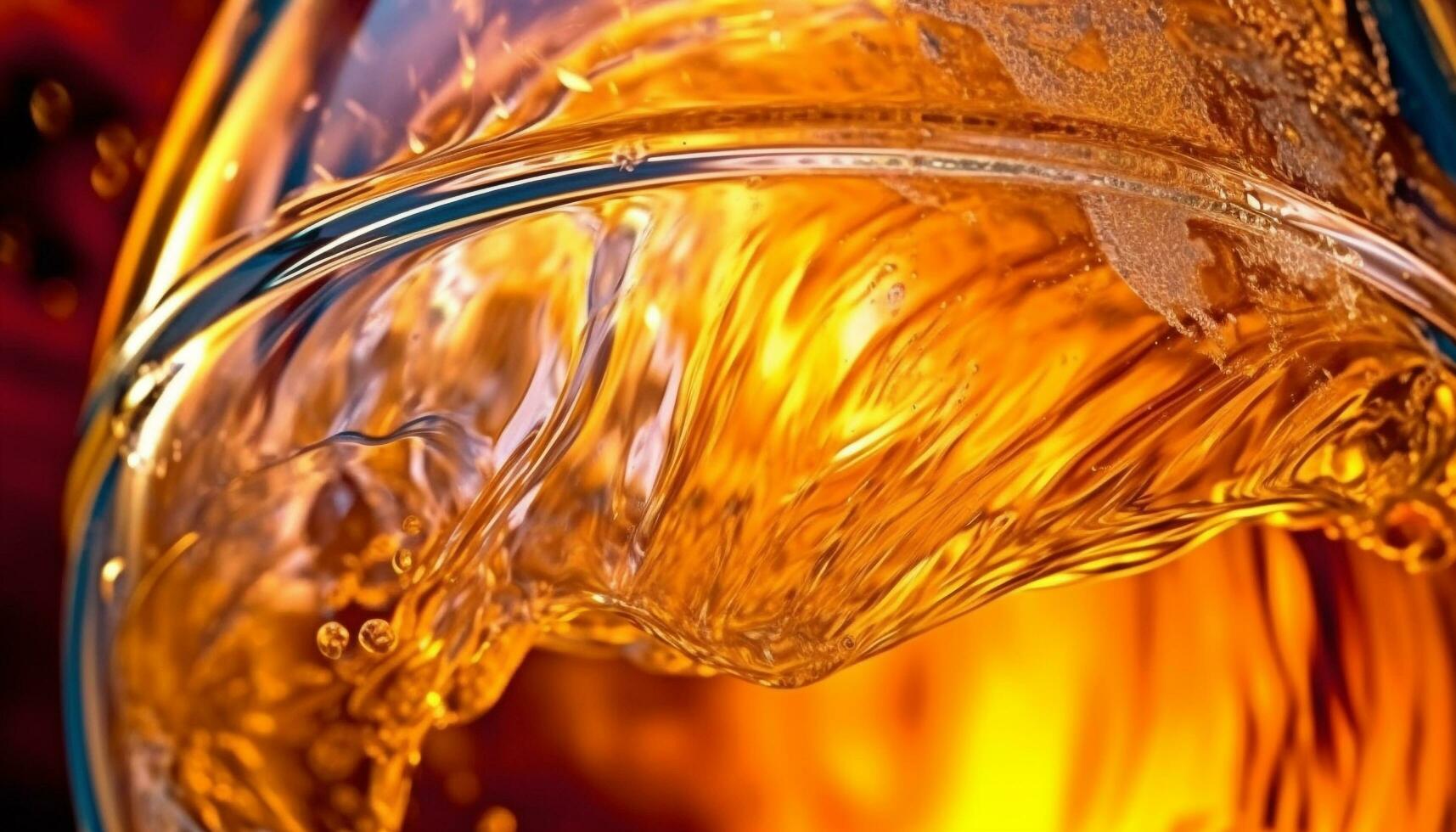 Golden liquid splashing in glass, reflecting bright abstract celebration generated by AI photo