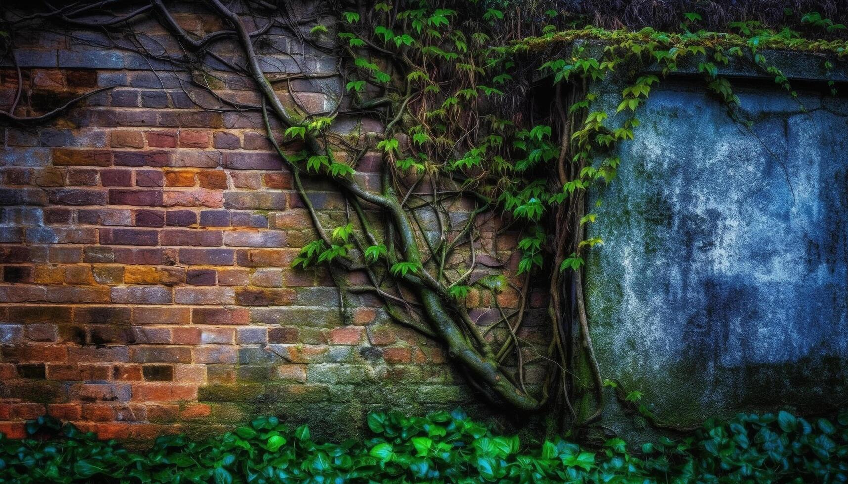 Ancient forest growth on old brick wall, nature beauty preserved generated by AI photo