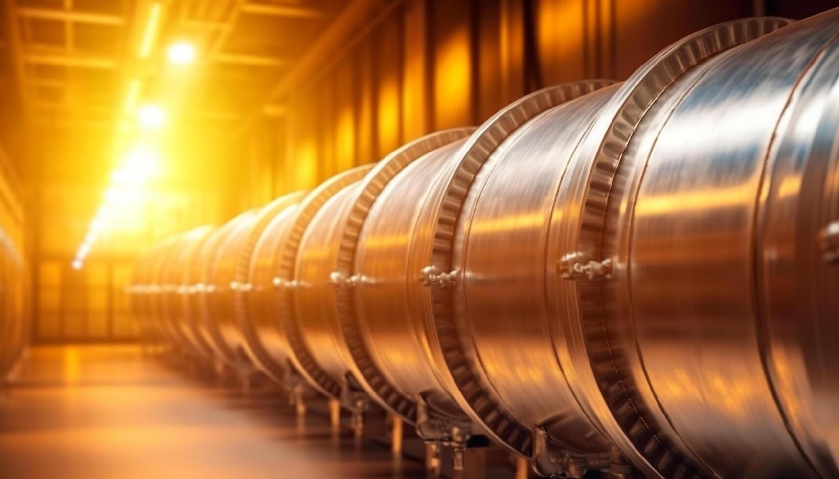 Shiny steel barrels in a modern winery, storing delicious wine generated by AI photo