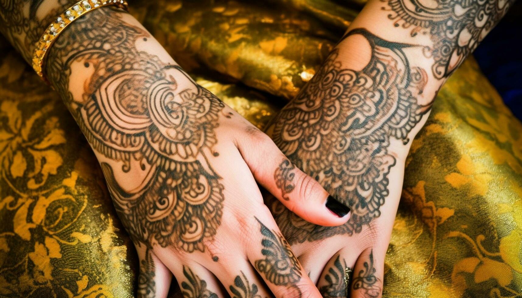 Two young women with henna tattoos showcase ornate body adornment generated by AI photo