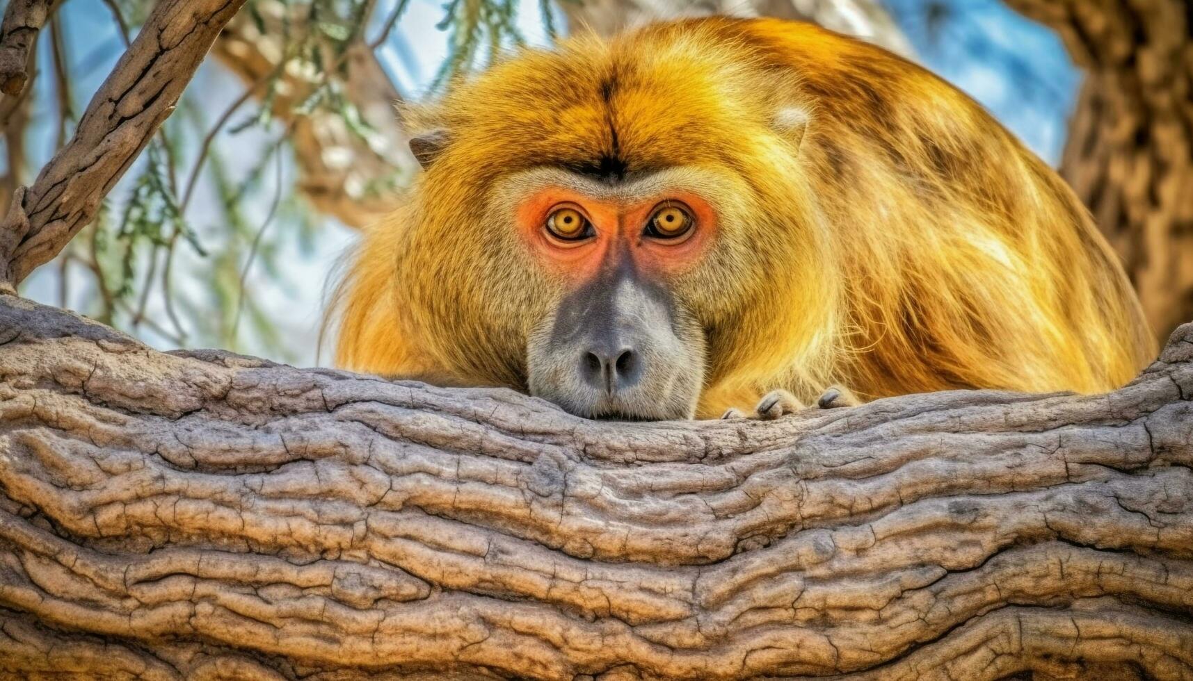 joven primate descansando en rama, ojos fijo en humano cara generado por ai foto
