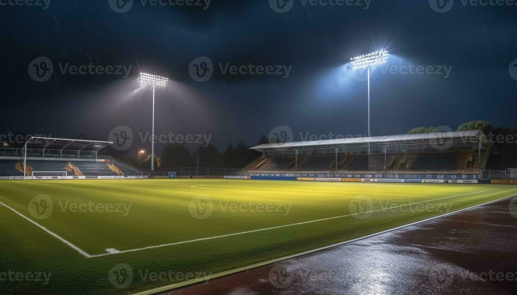 Floodlit soccer field, empty of people, illuminated by floodlights generated by AI photo