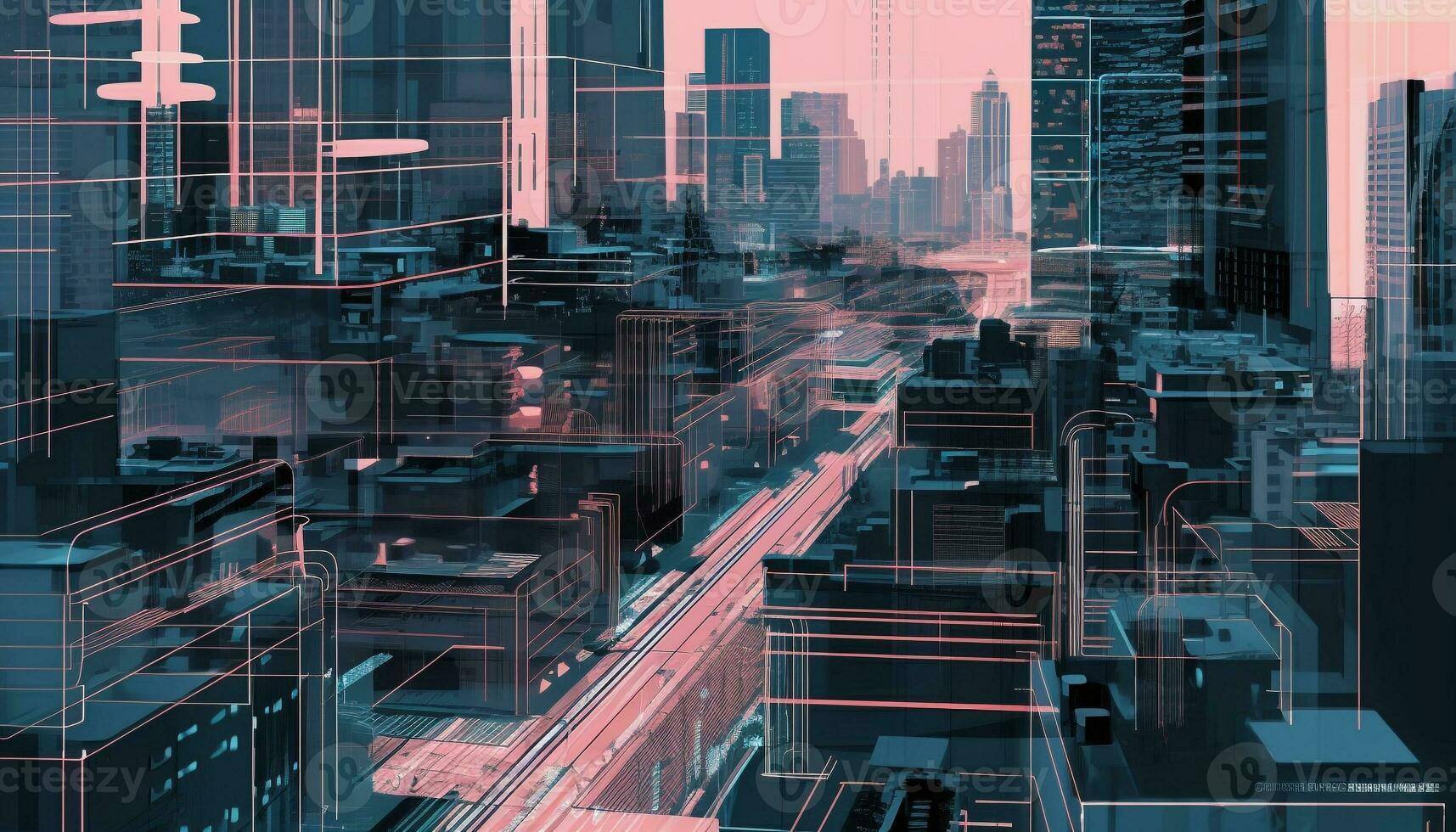 Futuristic city skyline glows at night with abstract blue patterns generated by AI photo
