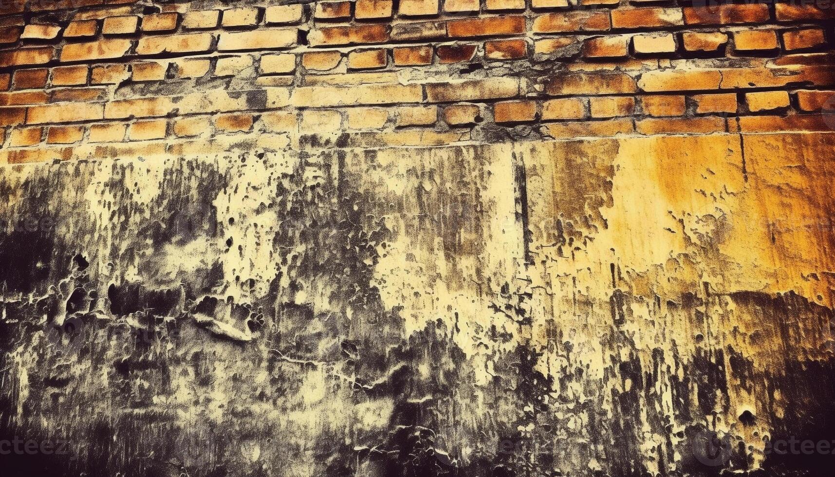 Weathered brick wall with abstract rusty patterns, abandoned and run down generated by AI photo