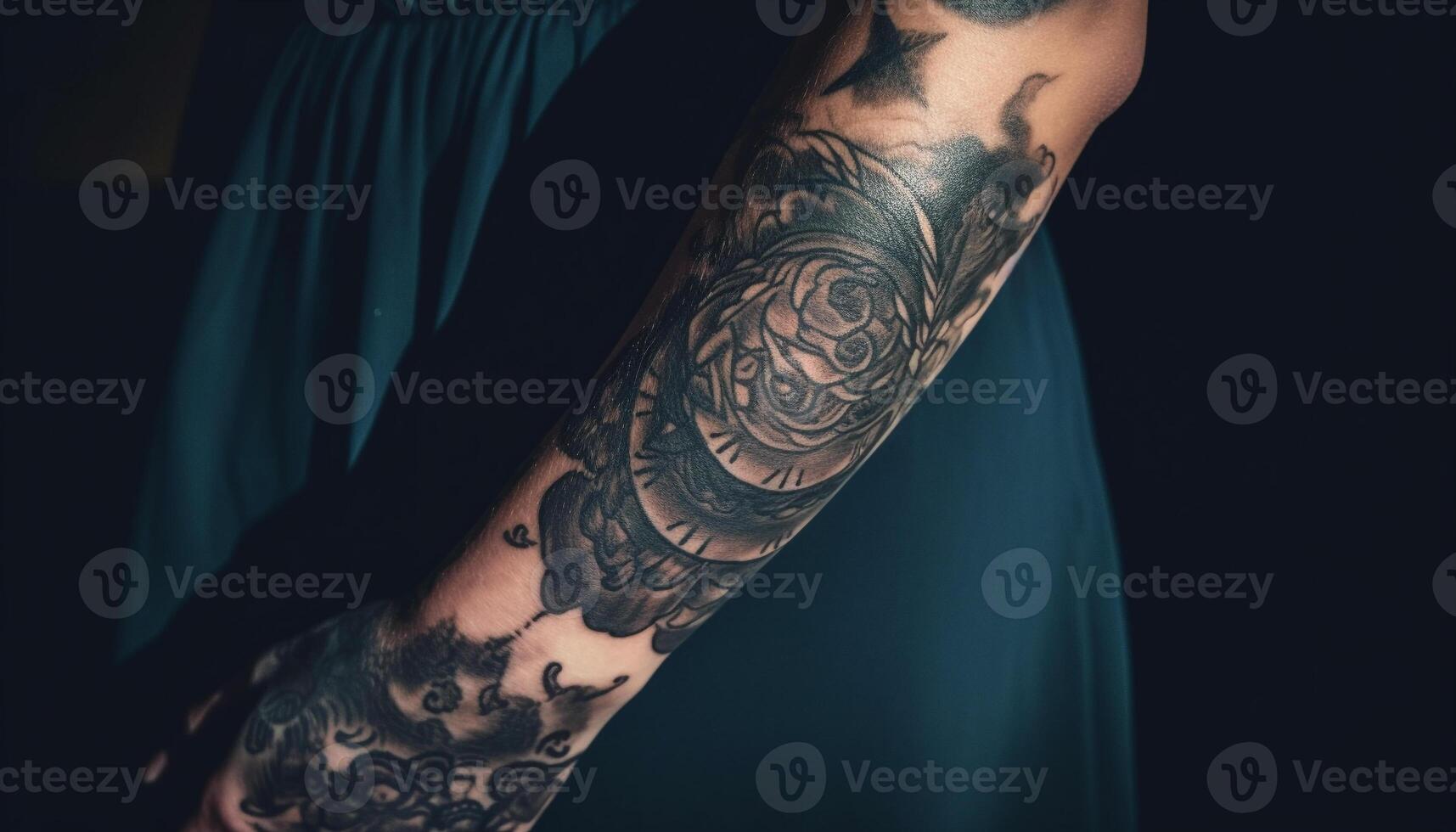 Tattooed men and women showcase creativity in dark fashion design generated by AI photo