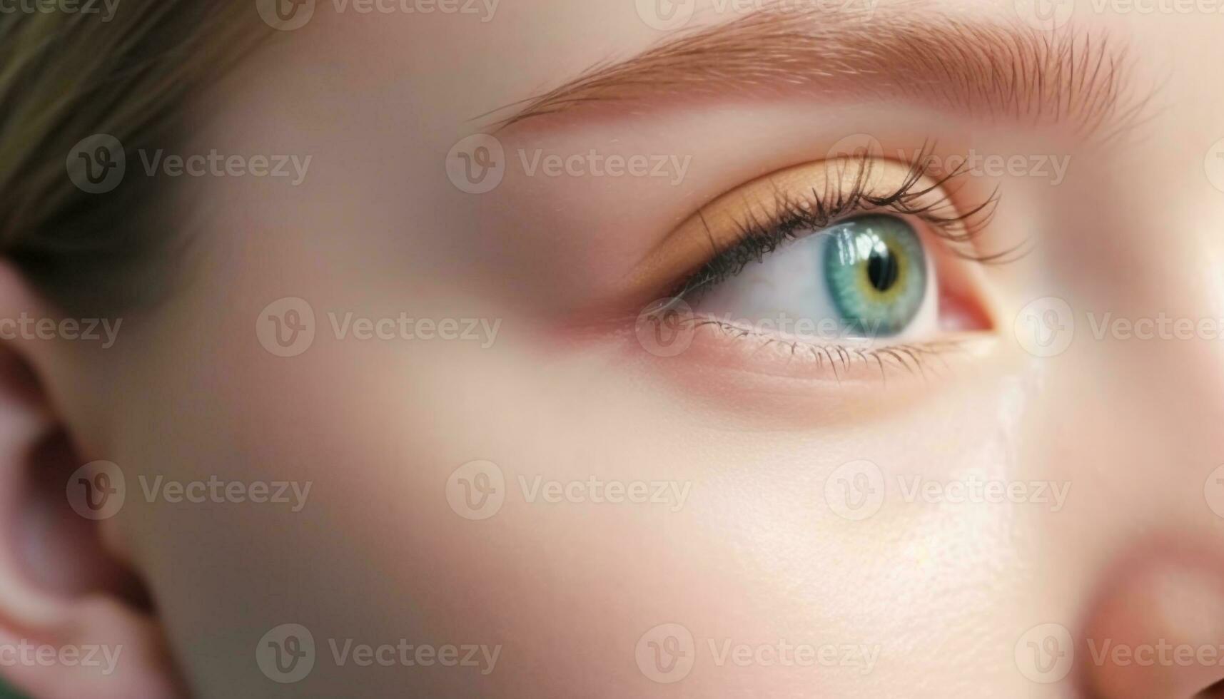 Blue eyed girl staring with innocence, beauty in extreme close up generated by AI photo