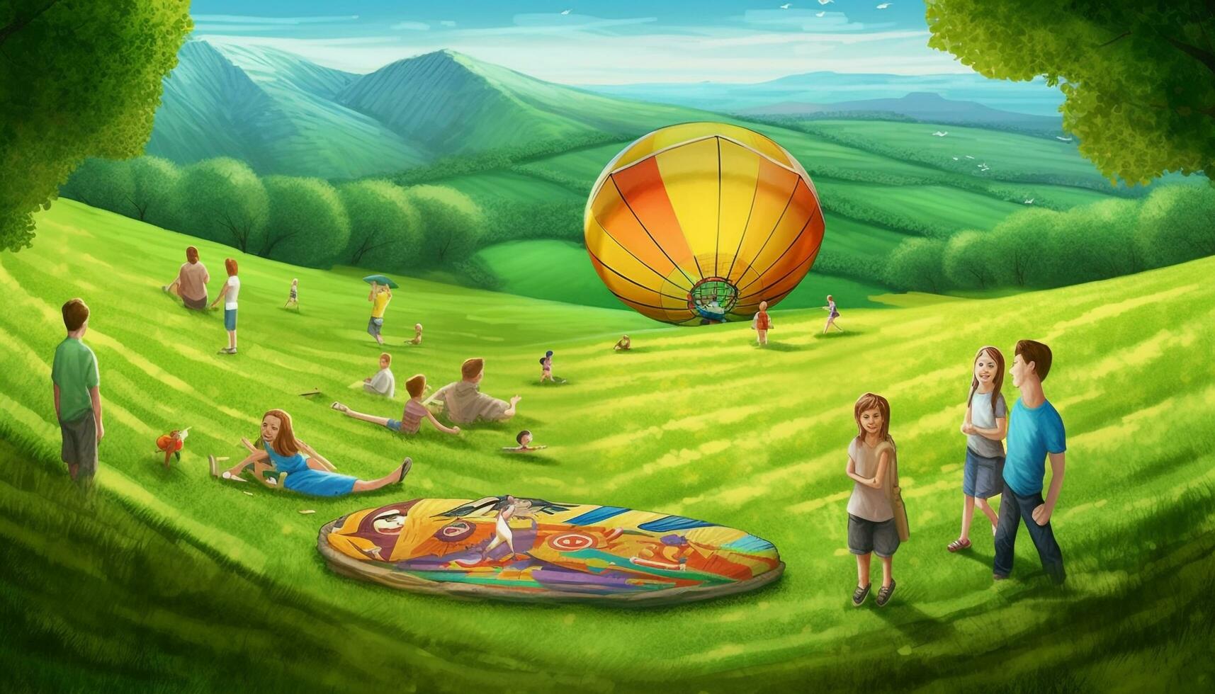 Children smiling, flying high in hot air balloon adventure generated by AI photo