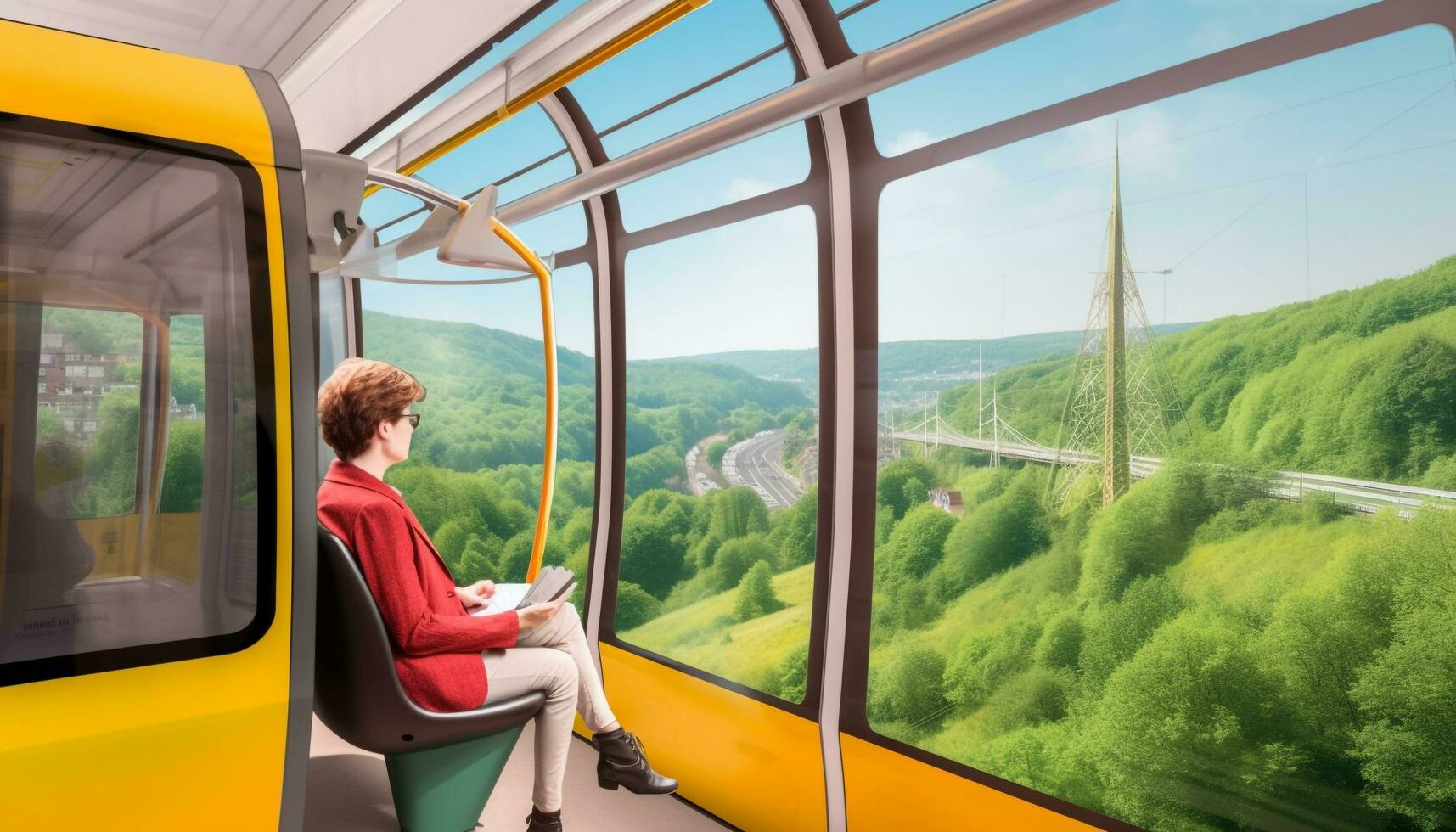 One person sitting, looking at view, on cable car journey generated by AI photo