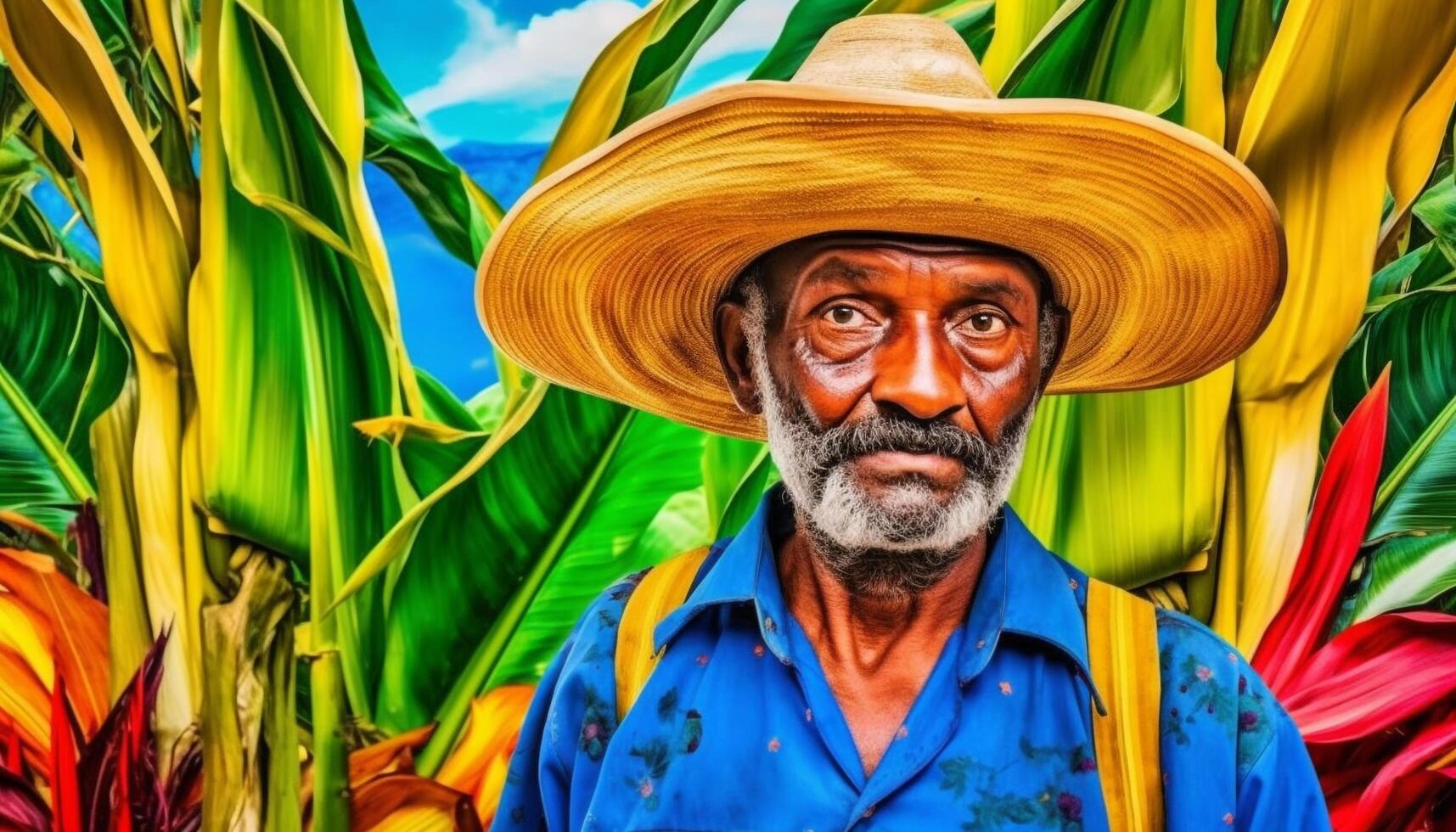 Senior man in straw hat smiling at camera on Caribbean farm generated by AI photo