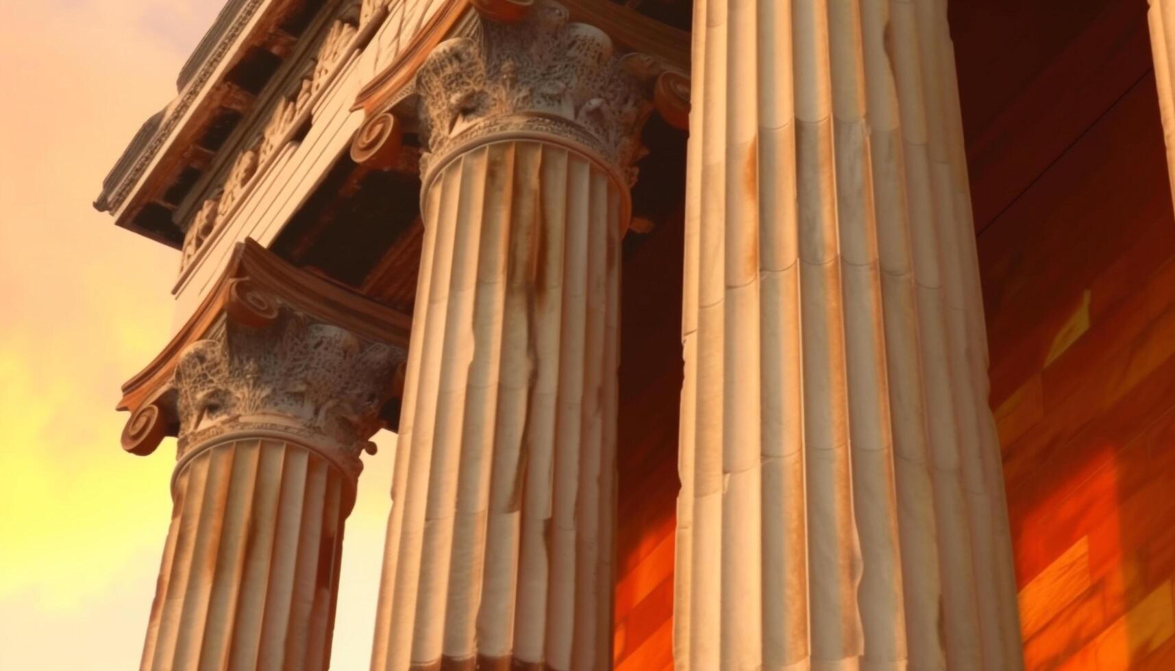 Ancient monument, classical Greek ruins, illuminated at dusk, yellow facade generated by AI photo