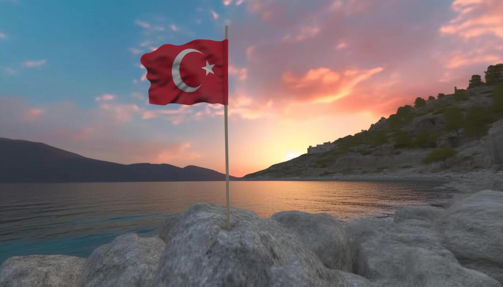 Turkish flag waves proudly in silhouette against majestic seascape background generated by AI photo