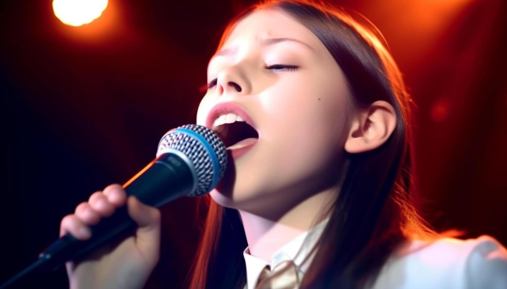 Smiling females holding microphone, performing rock music in nightclub spotlight generated by AI photo