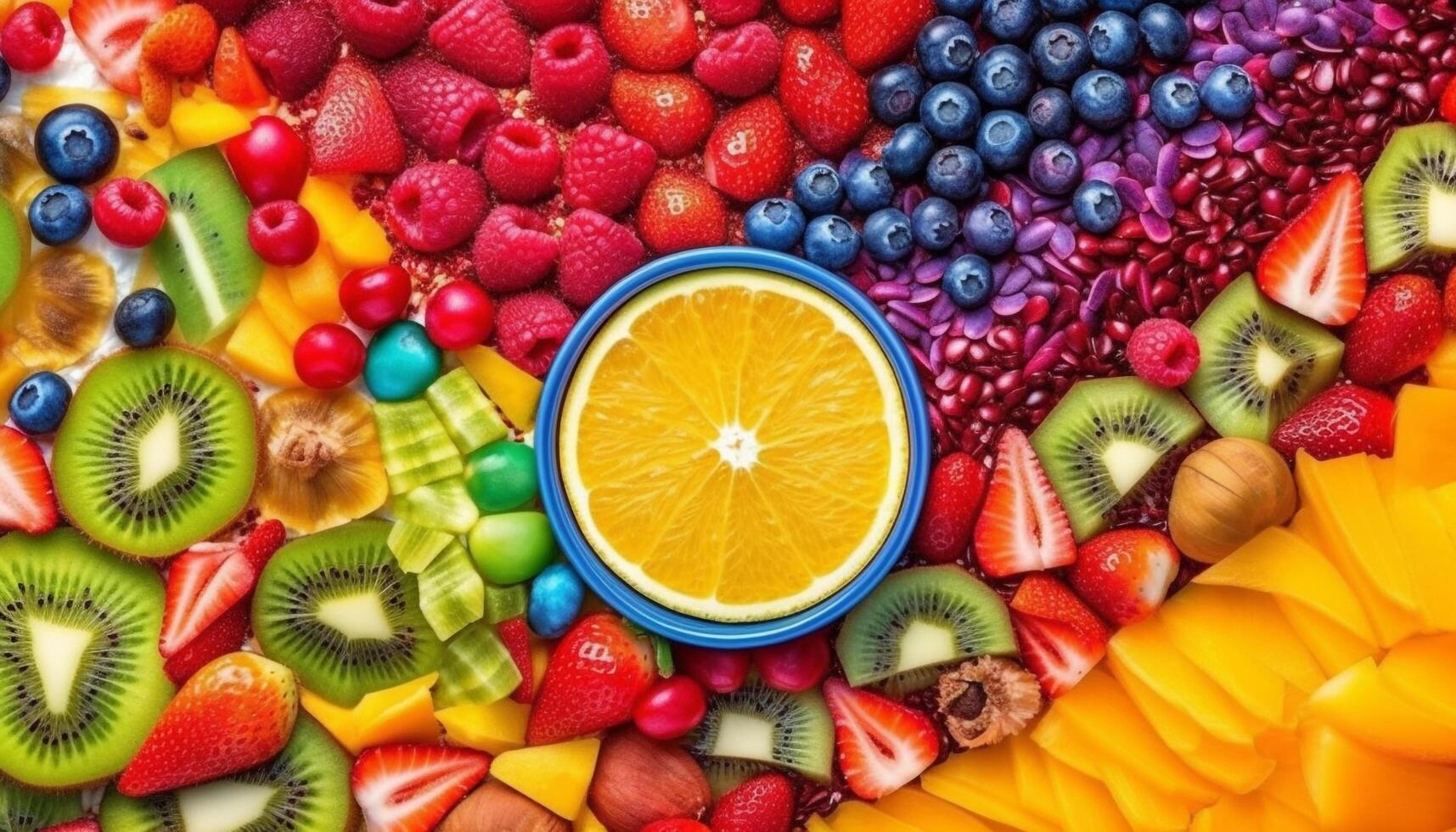 Vibrant fruit salad with ripe berries, citrus, and kiwi slices generated by AI photo