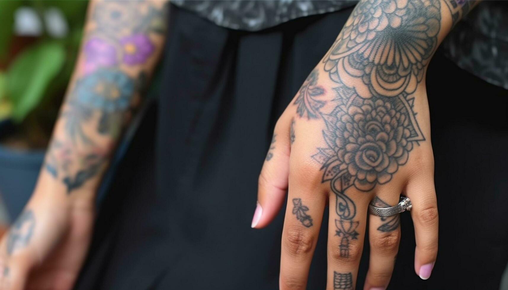 Fashionable young women showcase individuality with elegant henna tattoos generated by AI photo