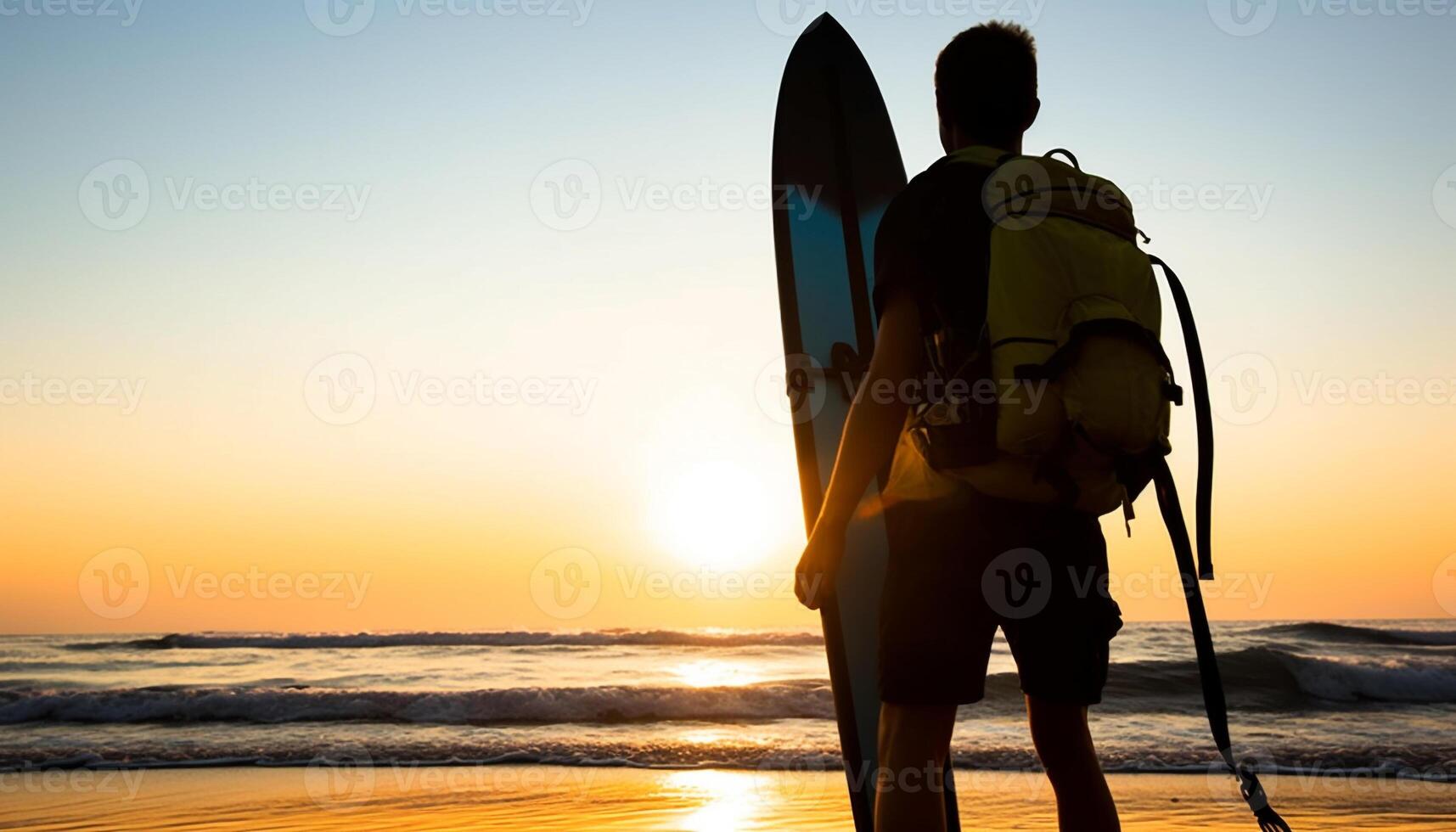 Men surfboard at sunrise on summer vacations in nature outdoors generated by AI photo