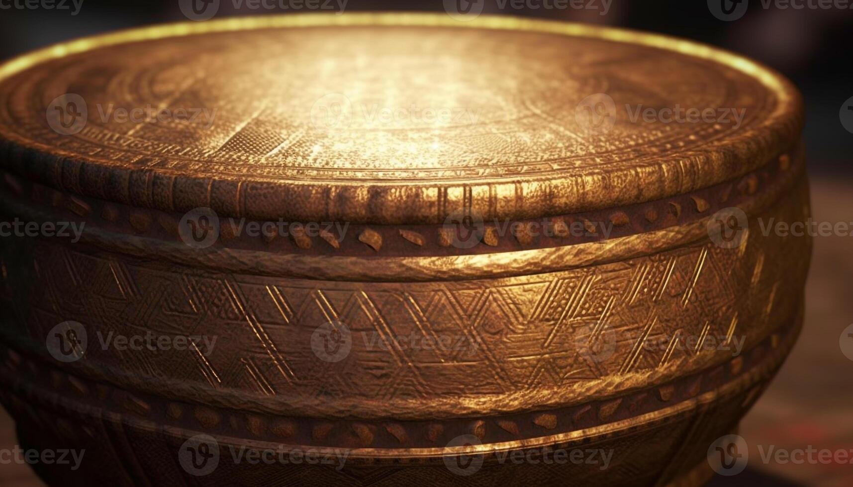 Antique wooden bowl with ornate metallic gold pattern decoration generated by AI photo