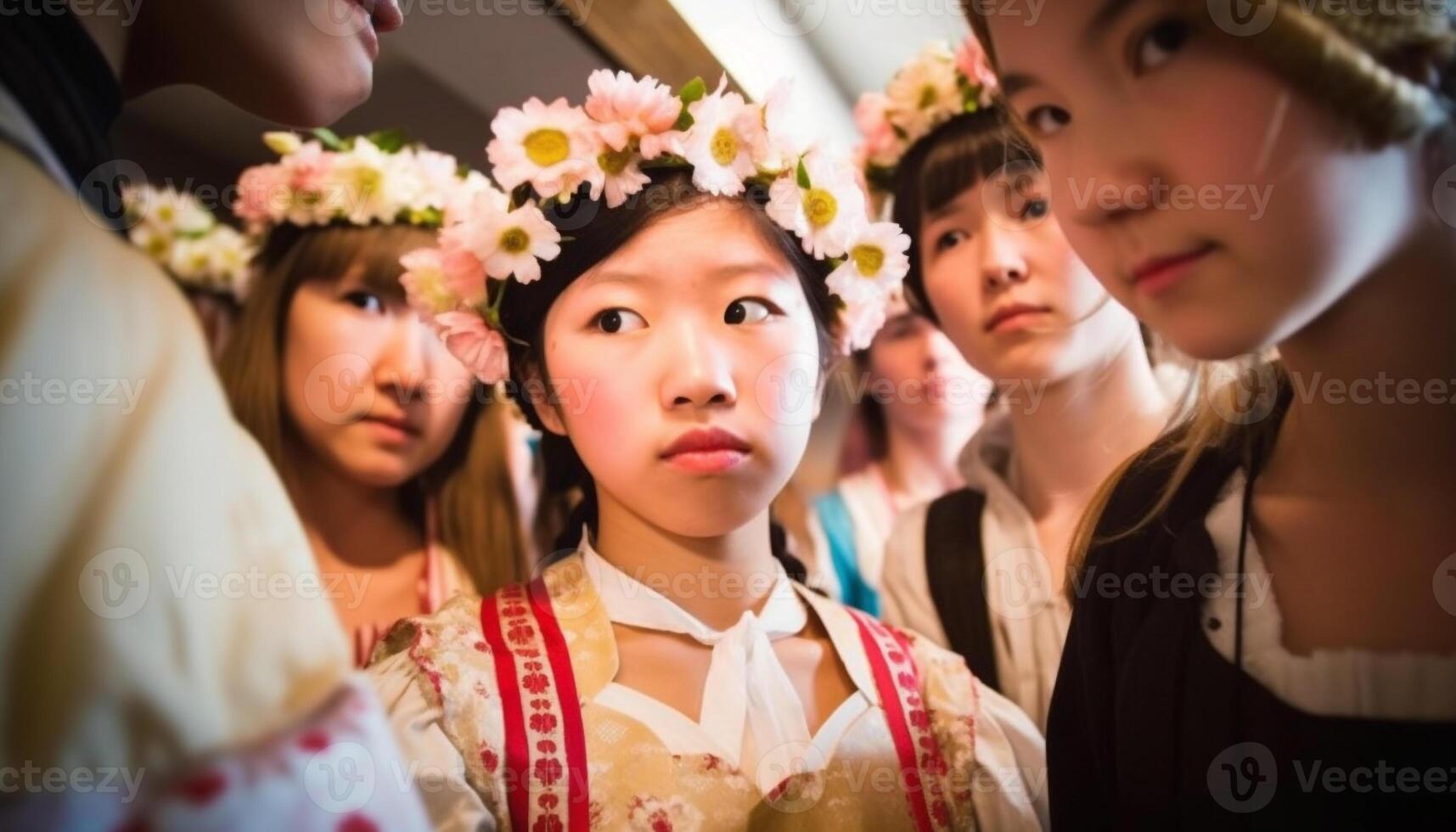 Smiling schoolgirls in traditional clothing learning teamwork in Beijing classroom generated by AI photo