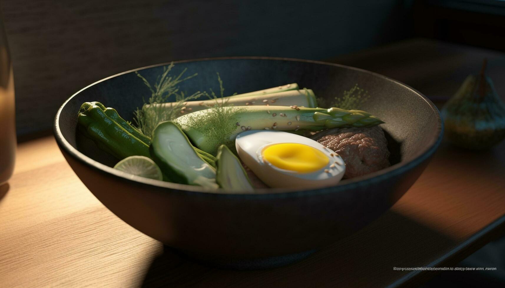 Healthy gourmet meal fresh salad, cooked meat, and seafood soup generated by AI photo