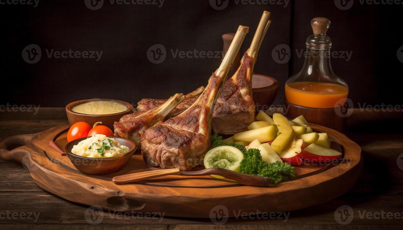 Grilled pork steak on rustic wooden table, ready to eat freshness generated by AI photo