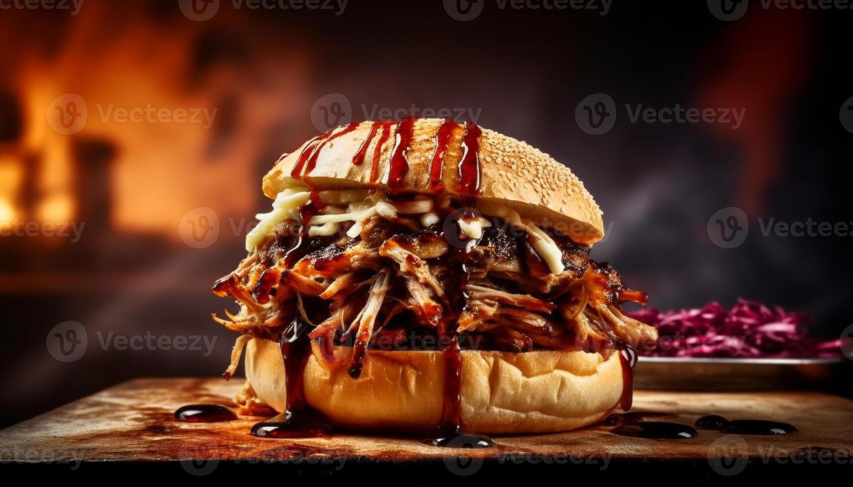 Grilled pulled pork sandwich with homemade barbecue sauce and coleslaw generated by AI photo