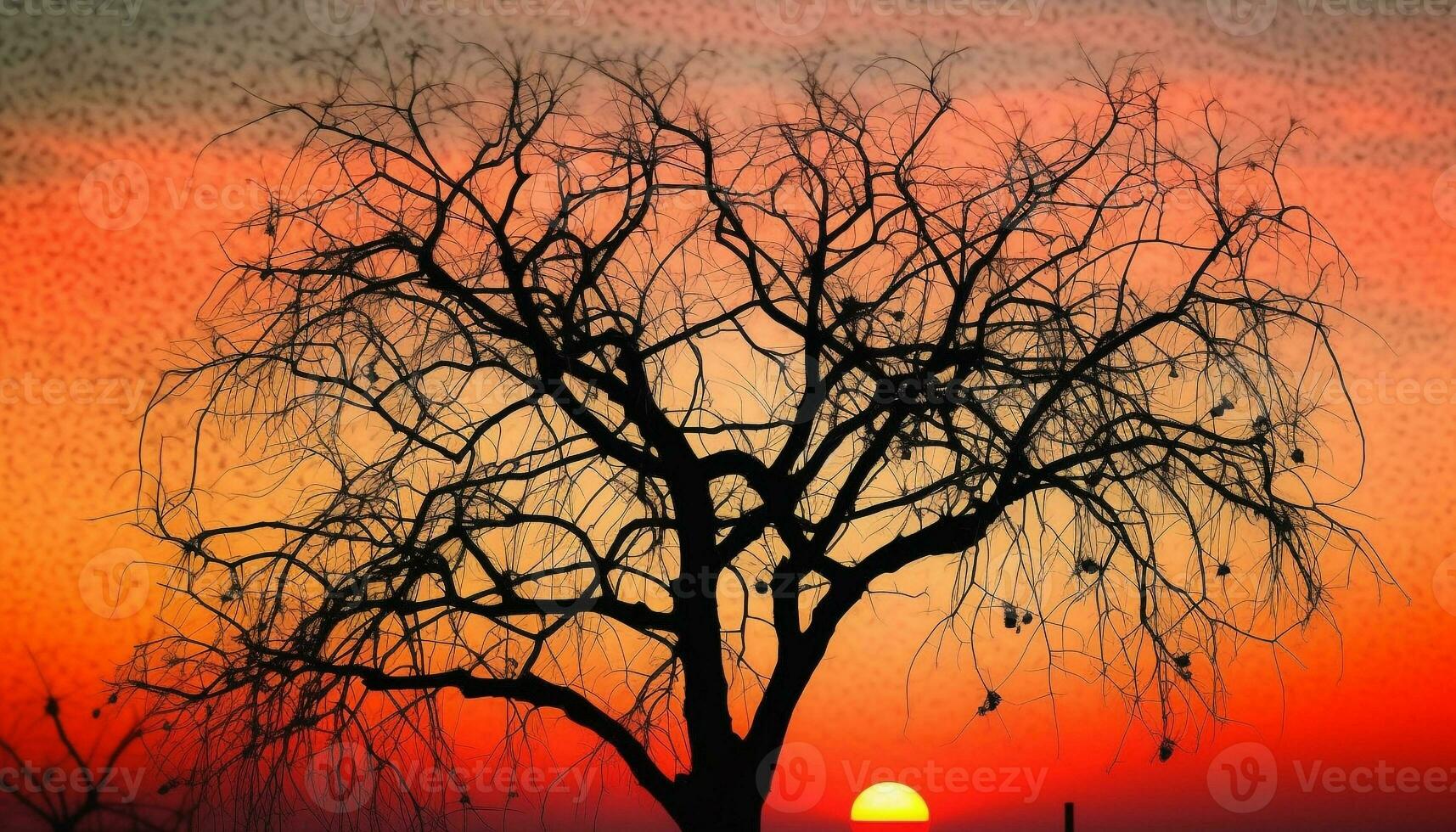 Silhouette of acacia tree back lit by glowing sunset sky generated by AI photo
