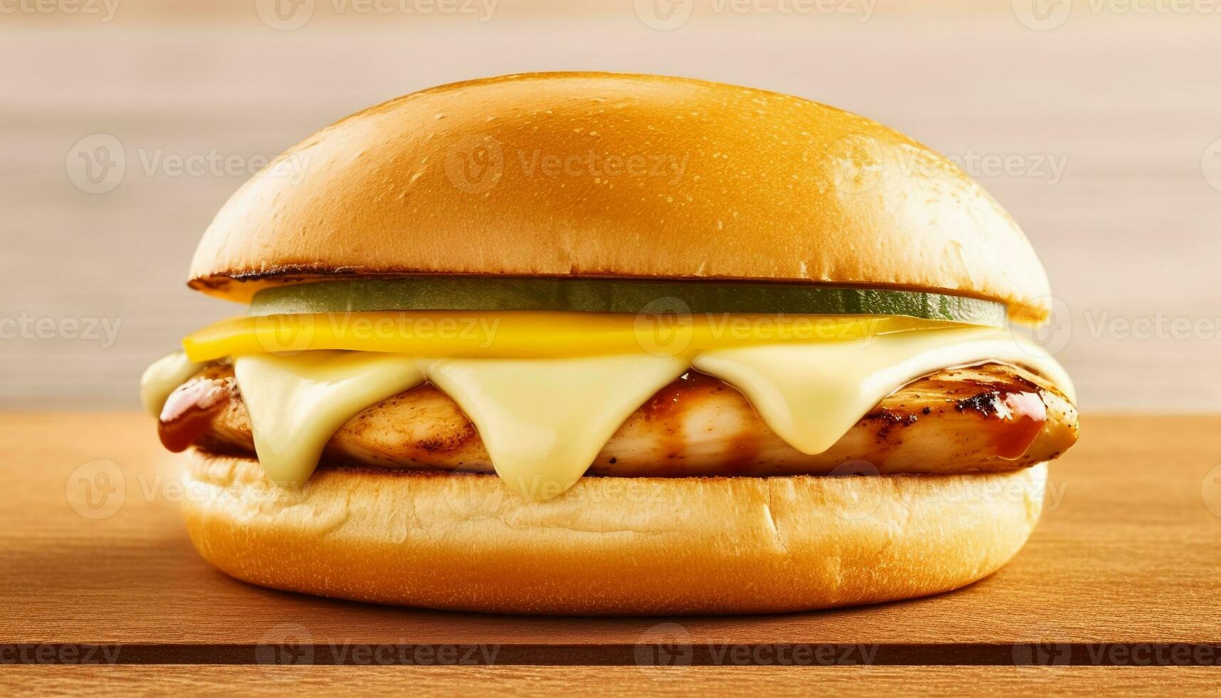 A la parrilla hamburguesa con queso en un de madera mesa, cerca arriba frescura y gastrónomo generado por ai foto