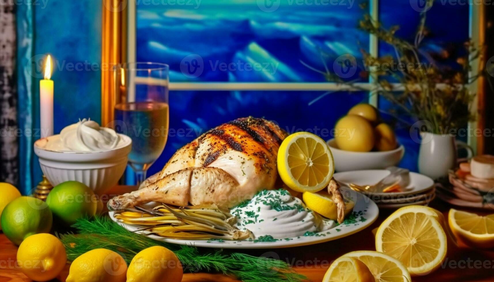 Grilled citrus turkey slice, homemade gourmet meal on rustic wood table generated by AI photo