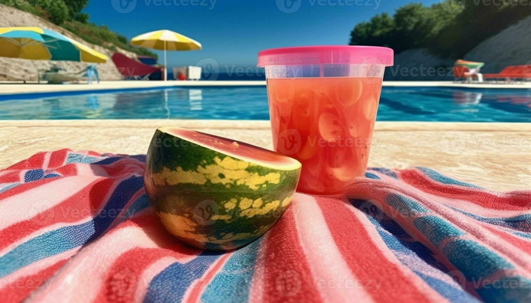 Refreshing watermelon cocktail in a tropical outdoor generated by AI photo
