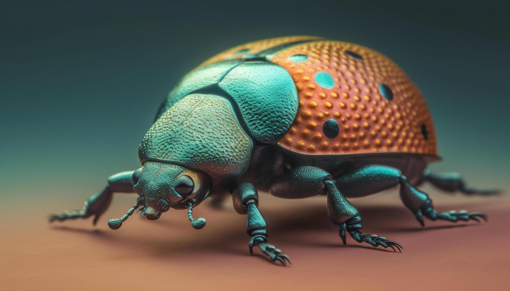 Small ladybug crawling on green plant, macro focus on foreground generated by AI photo