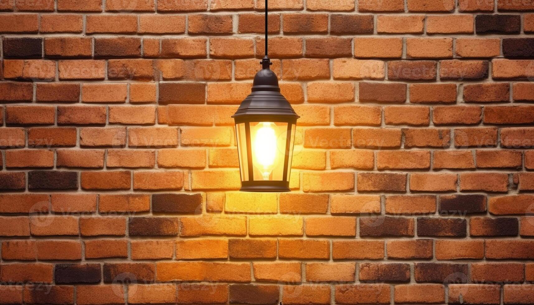 Glowing lantern illuminates rustic brick wall in dark outdoor space generated by AI photo