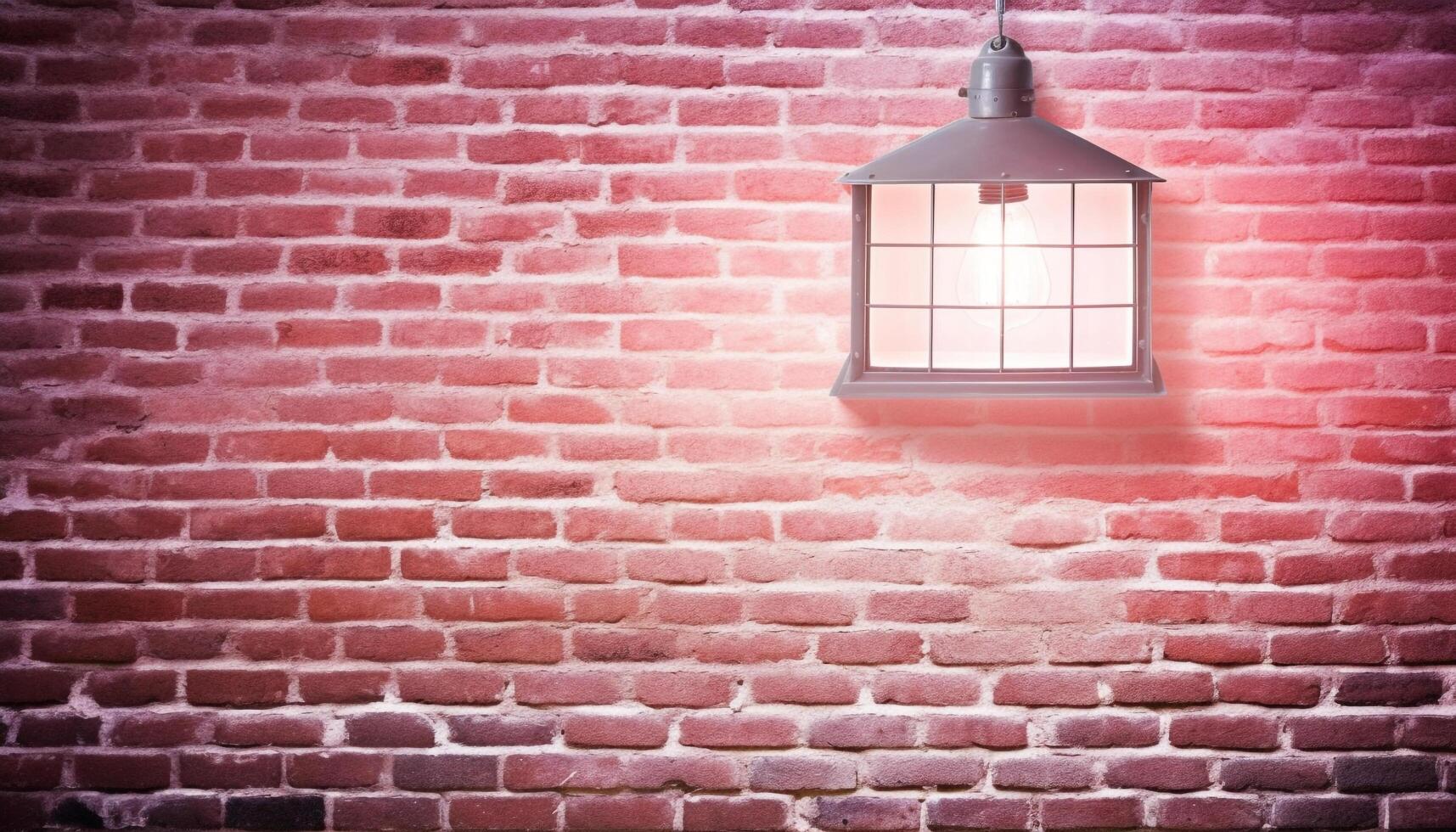 Rustic brick wall with old lantern hanging, glowing in darkness generated by AI photo