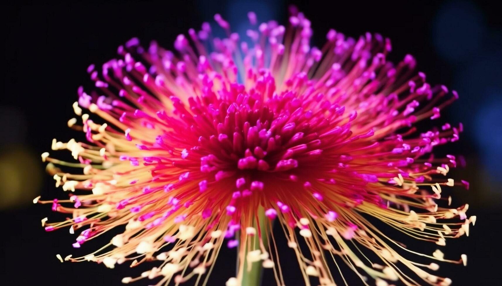 Glowing purple gerbera daisy, delicate fragility illuminated on black background generated by AI photo